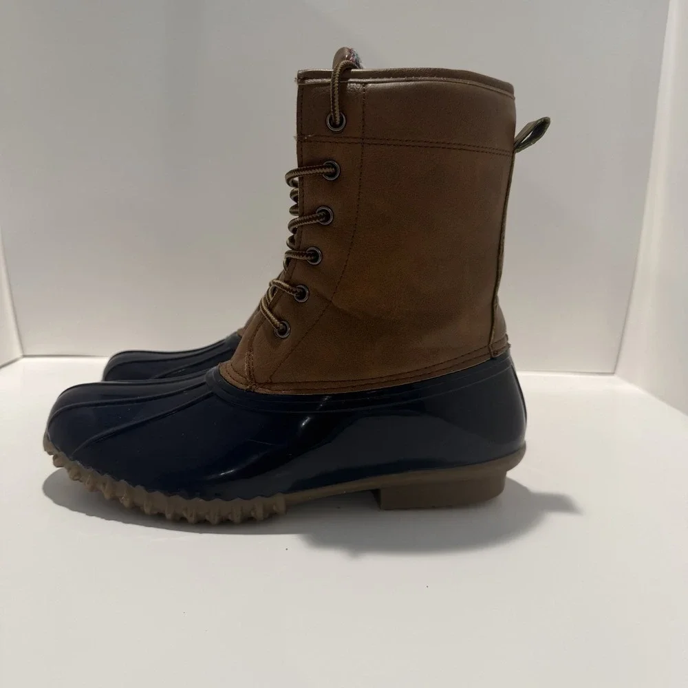 Charles Albert Duck Boots Vegan Leather Women's Size 9 Gardening Rain Tan / Navy